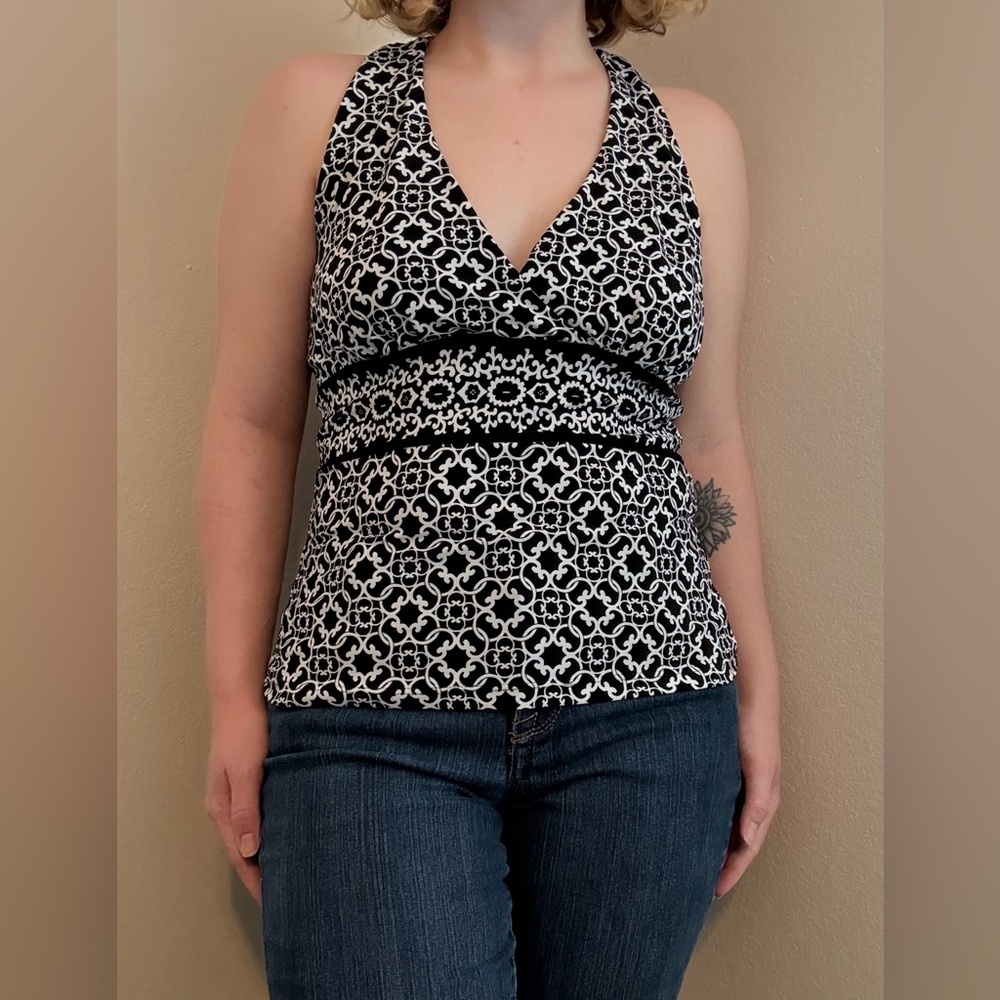 White House Black Market Fitted Black and White Halter Tank Top